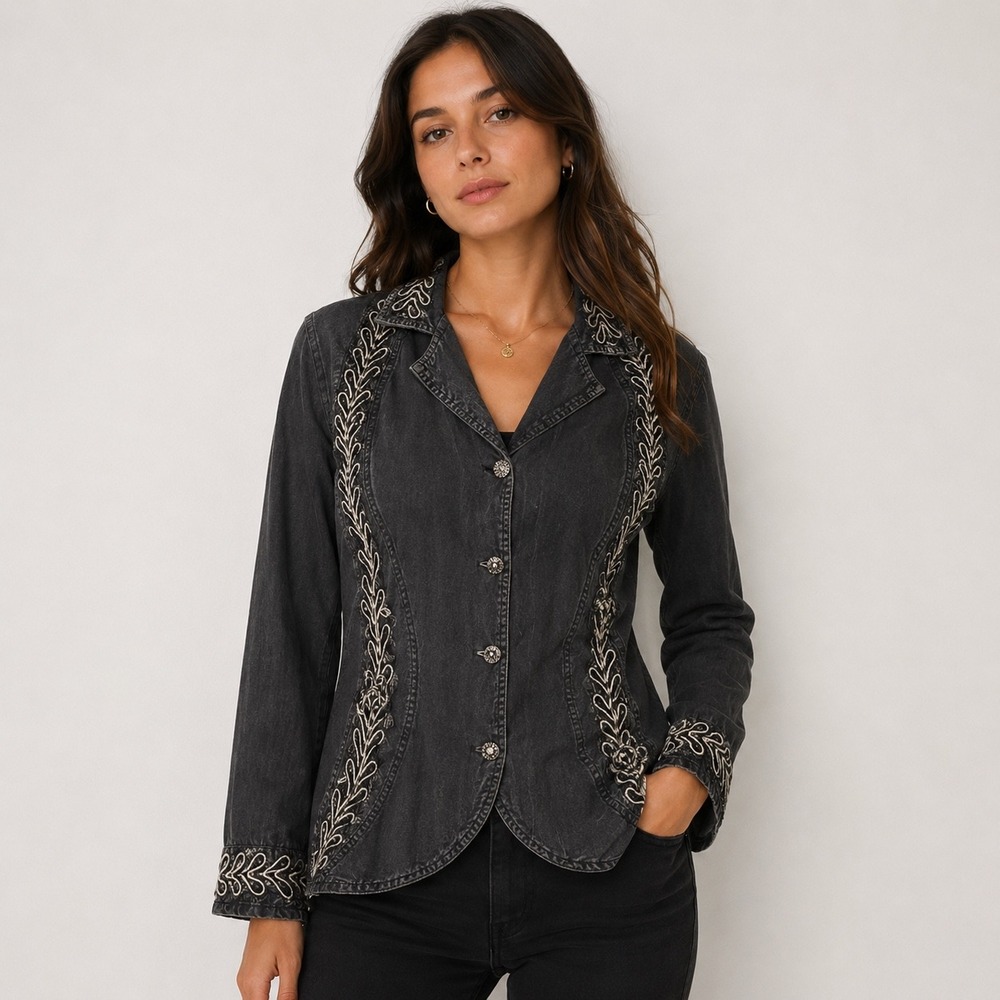 Shrunken Western Embroidered Cotton Top Jacket Faded Black Parsley Sage Shirt M